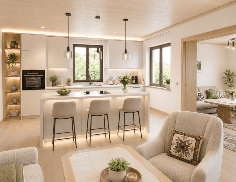 Wohnzimmer KI generiert offen zur K�che Einfamilienhaus Angelburg